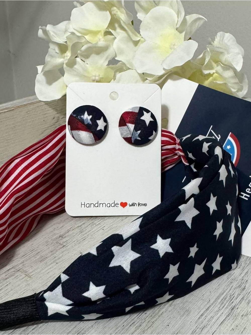 Handmade  Patriotic Star Fabric Button Earrings - Navy, Red & White